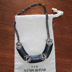 Alexis Bittar black lucite bib style necklace chain links with silver crystals.